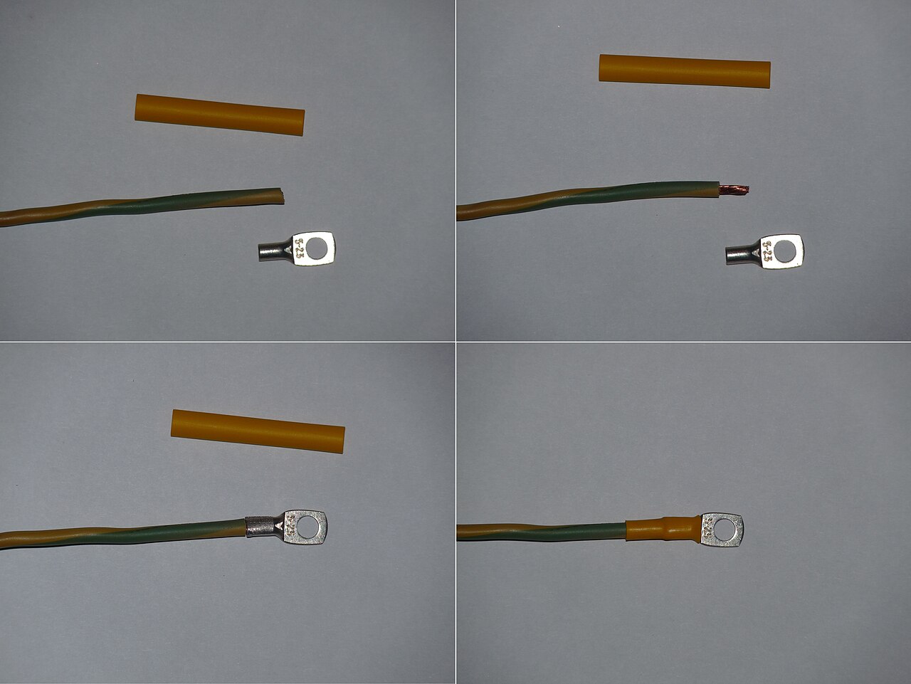 Vier Arbeitsschritte in einer Bildfolge: Kabel abisolieren, Ringkabelschuh aufpressen und Schrumpfschlauch über die Verbindung ziehen.